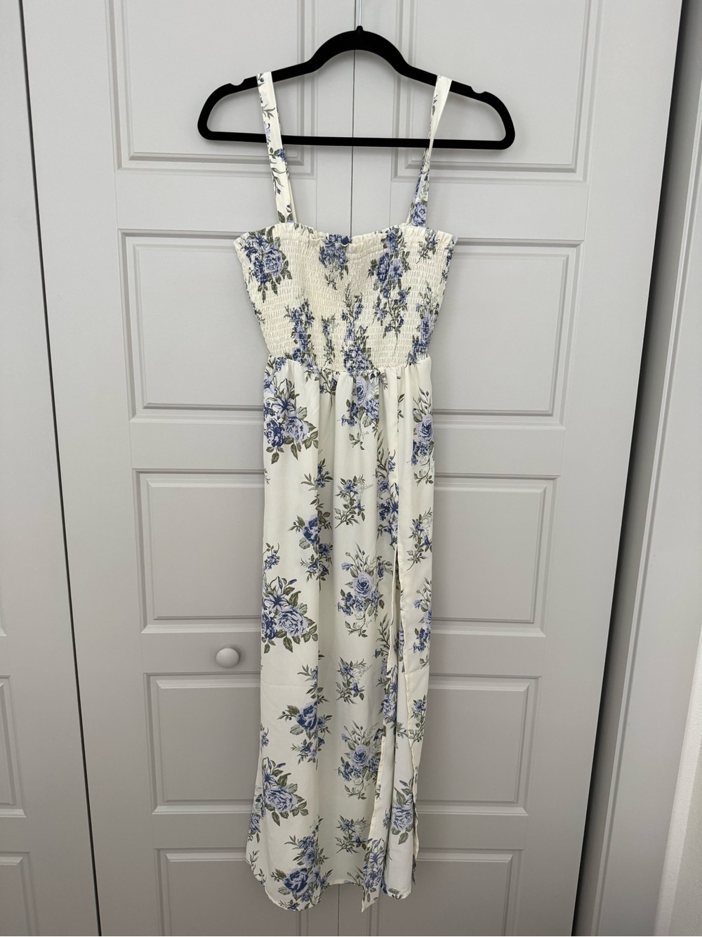 White Floral Smocked Maxi Dress with Blue Roses